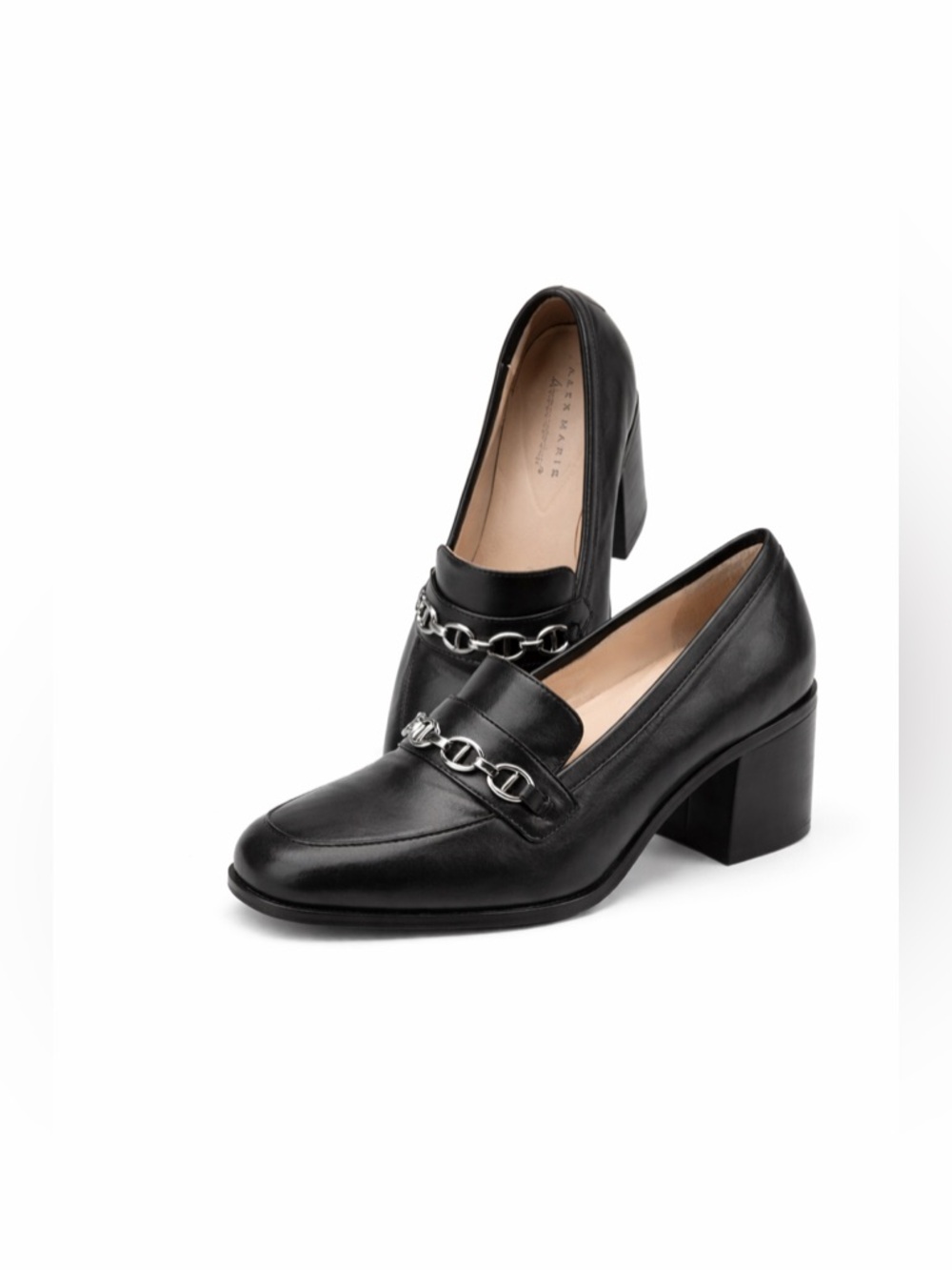 ALEX MARIE Women's FARIN Black Leather Chunky Stacked Heel Chain Loafer Pumps 9 - Picture 2 of 6